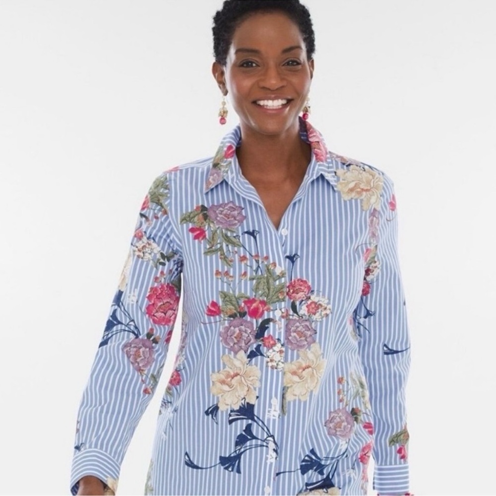 Chico's Button Down Top NWT Womens 14P Floral Stripes Coastal Relaxed Fit Artsy